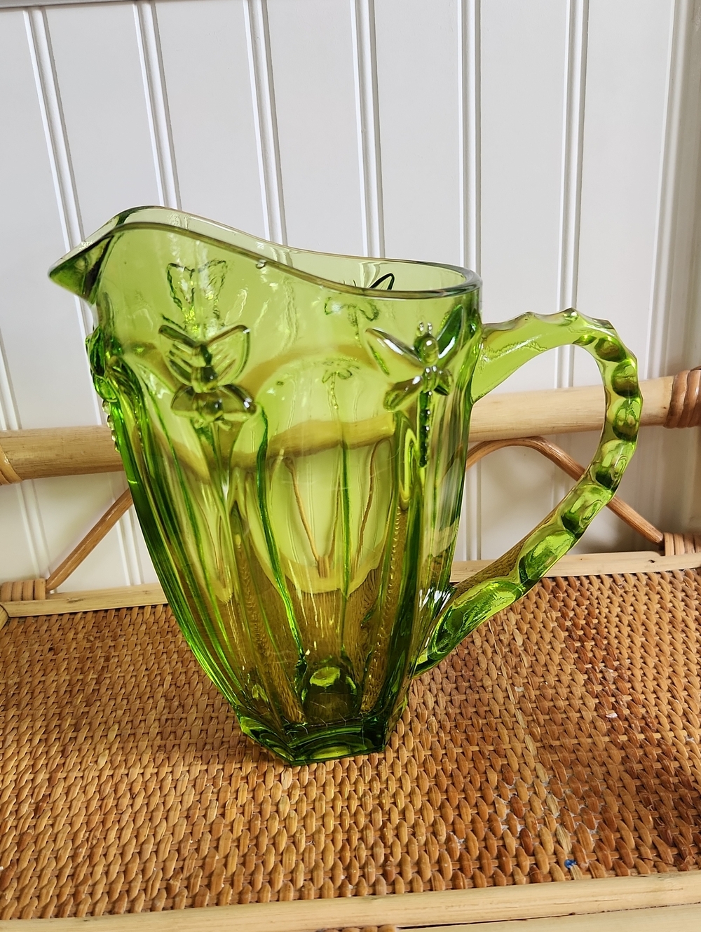 Vintage Green Glass Dragonfly Pitcher